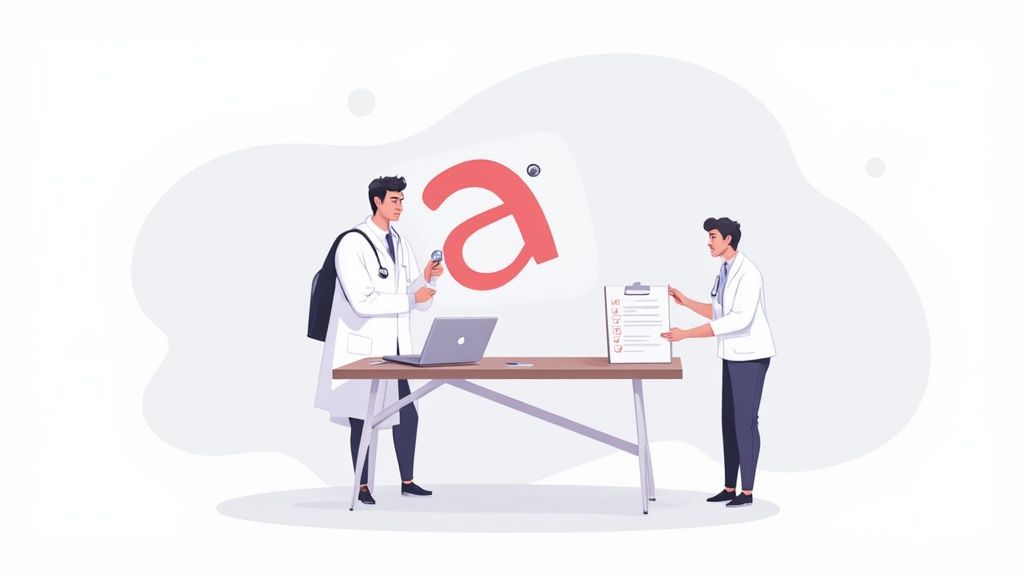 Two male doctors auditing documents and laptop on a table, with a large 'a' logo.