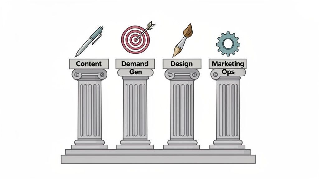 Four pillars representing Content, Demand Gen, Design, and Marketing Ops, essential components of a digital marketing team.