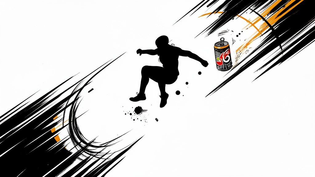 Dynamic illustration of a jumping athlete silhouette with an energy drink can and energetic brush strokes.