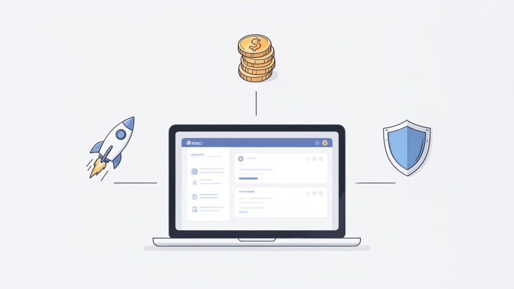 A laptop displaying software, surrounded by icons for speed, financial gain, and strong security.