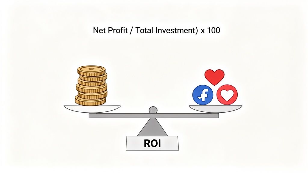 Balance scale illustrates ROI, comparing financial profit (coins) with social media engagement (Facebook, hearts) to show the ROI of influencer marketing.