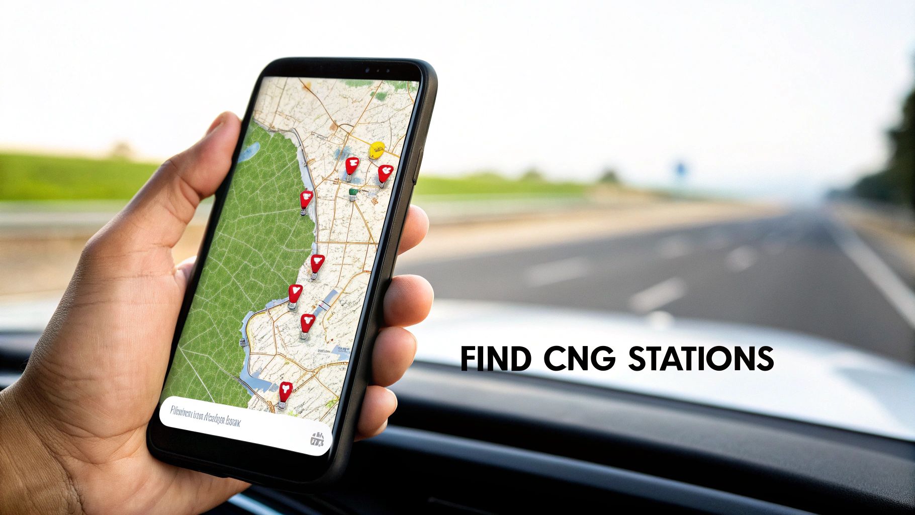 A hand holds a smartphone displaying a map with multiple CNG station pins while driving.