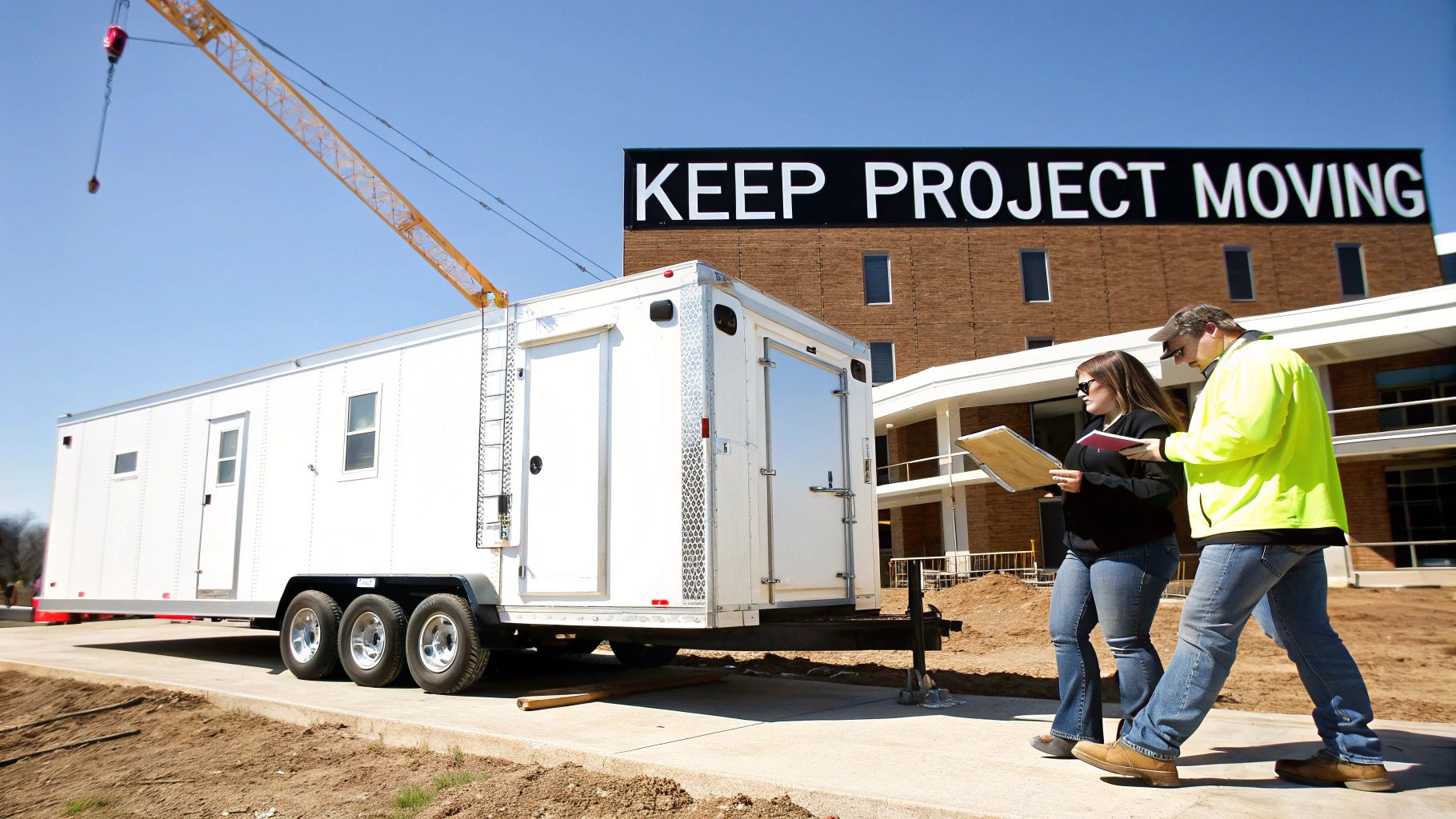 Two construction professionals review plans at a busy outdoor project site with a large trailer and crane.