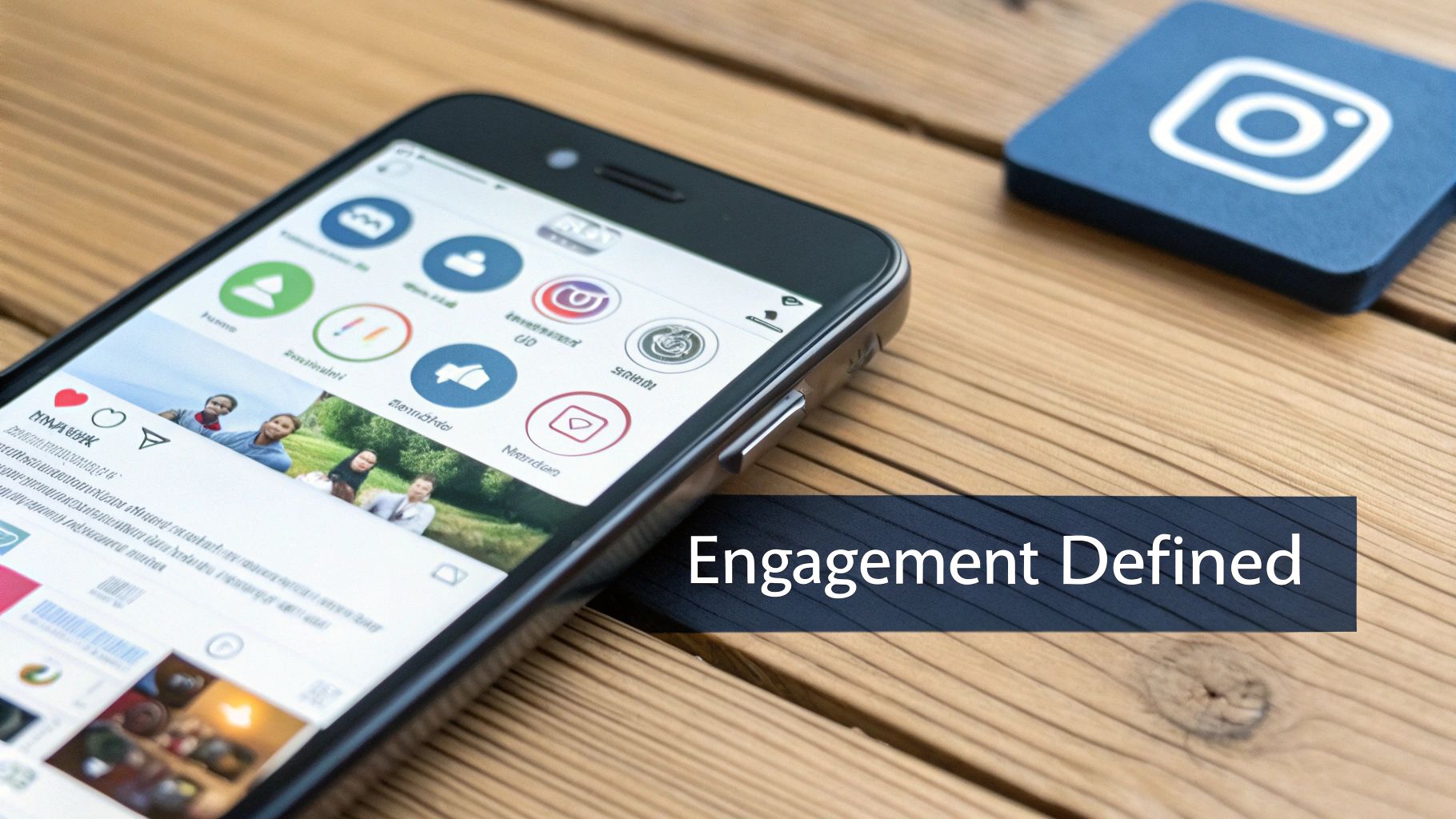 A person's hands holding a smartphone, scrolling through an Instagram feed with charts and graphs overlaid, symbolizing engagement analysis.