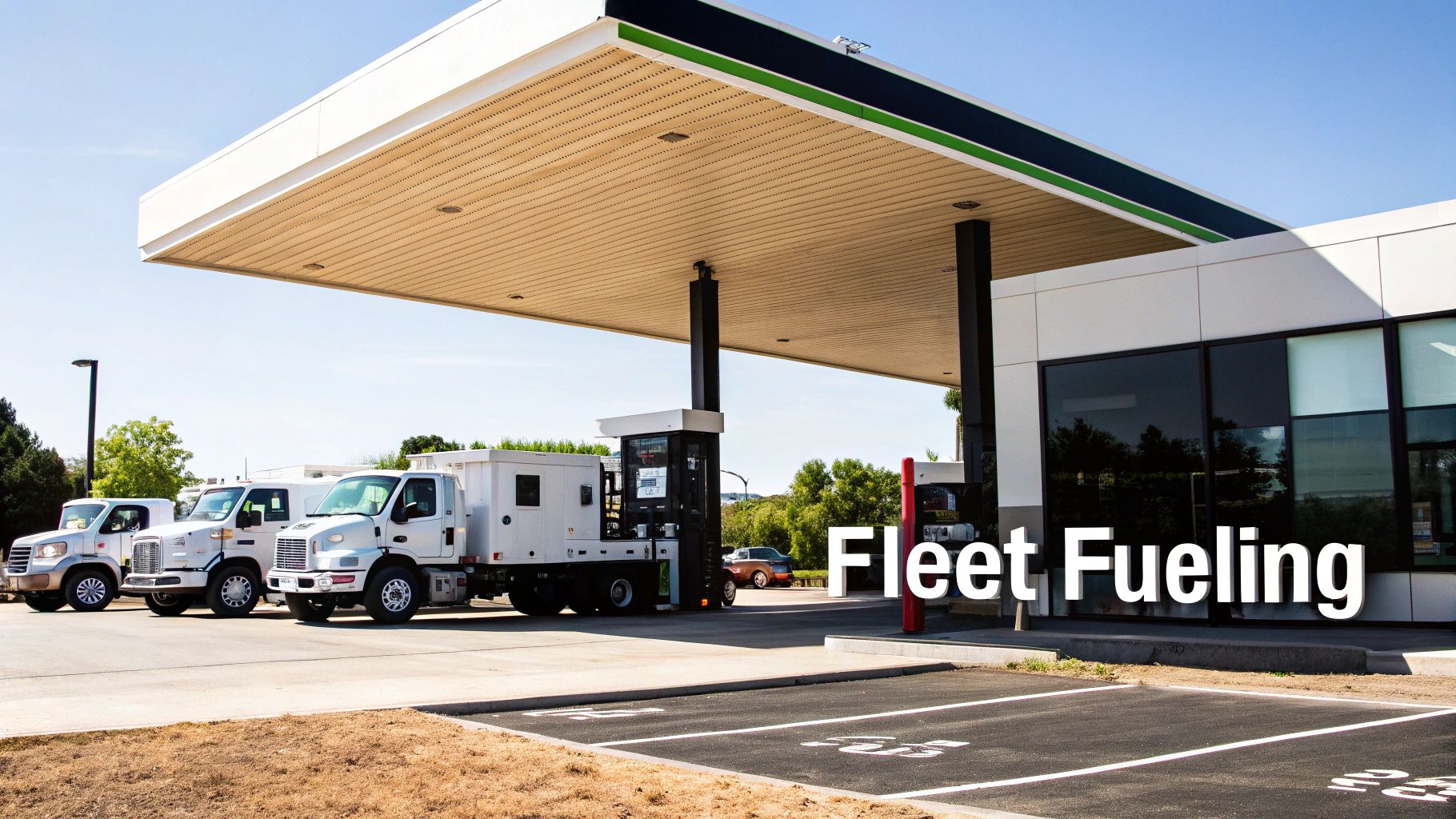 A fleet of white trucks parked at a modern gas station under a sunny sky, with 'Fleet Fueling' text overlay.