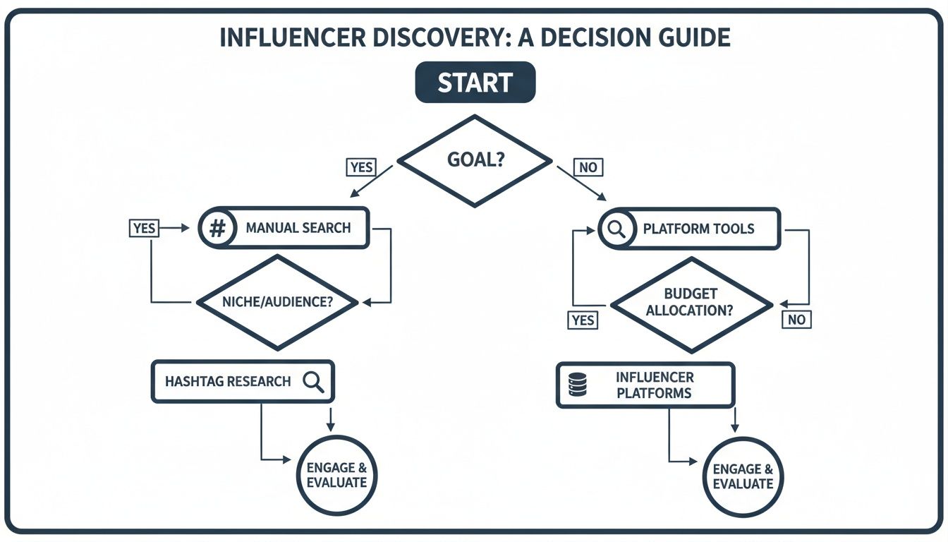 Influencer discovery decision guide flowchart, outlining manual search, platform tools, and evaluation processes.