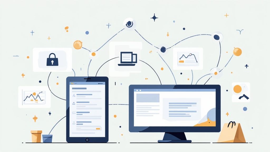 People using various devices like smartphones, laptops, and tablets to browse the web.