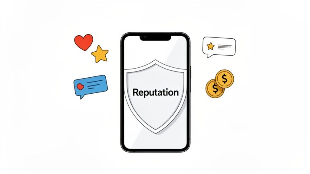 A smartphone displays 'Reputation' on a shield, surrounded by social media engagement icons and dollar coins.