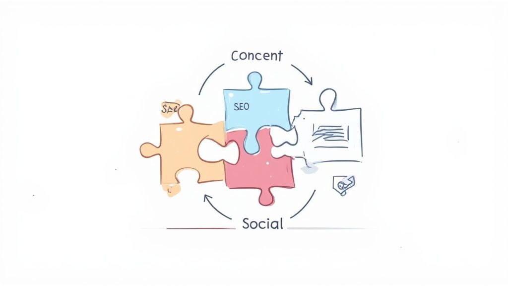 Puzzle pieces showing SEO, content, and social media integration for digital marketing strategy