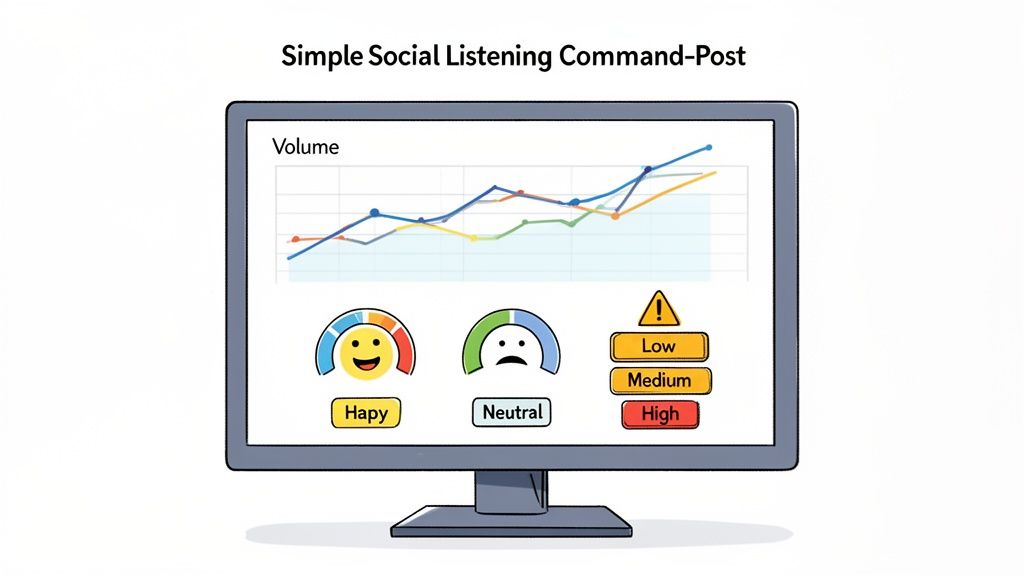 A computer monitor displays a social listening command post dashboard with volume graph, sentiment, and alerts.