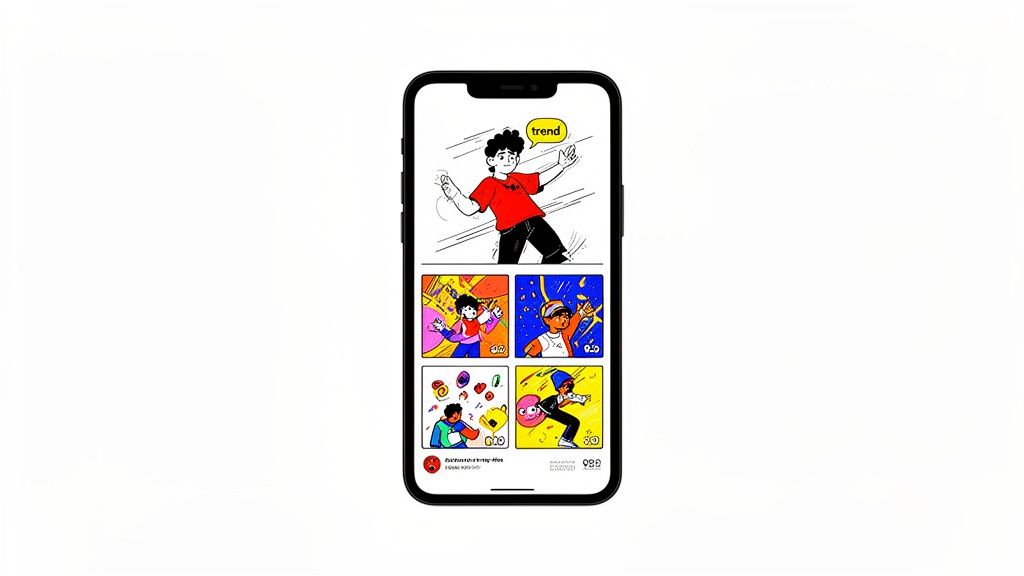 A mobile phone displaying a social media app with various colorful cartoon illustrations and a 'trend' bubble.