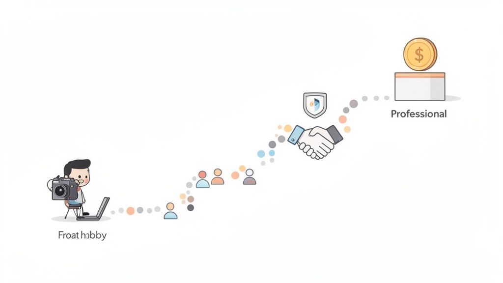 Illustration depicting a hobbyist photographer's journey to becoming a professional, earning money through engagement and secure transactions.