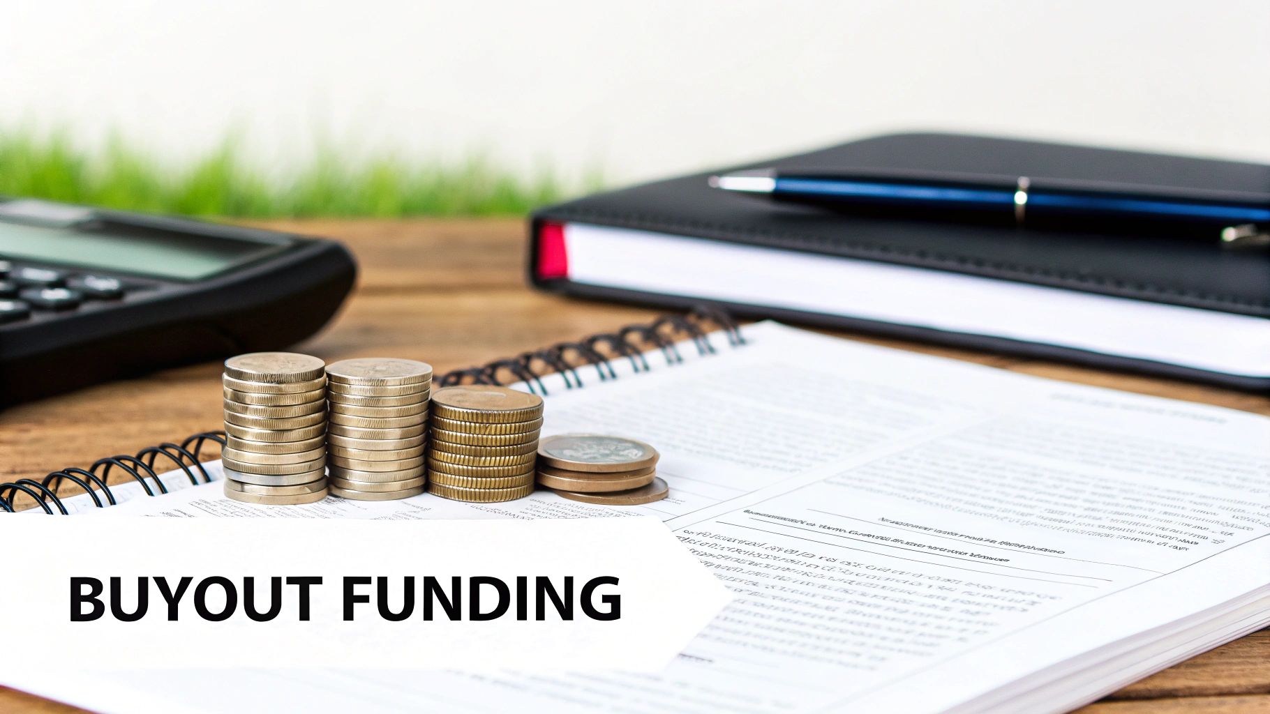 Stacks of coins on a document, with a calculator and notebook, featuring 'BUYOUT FUNDING' text.