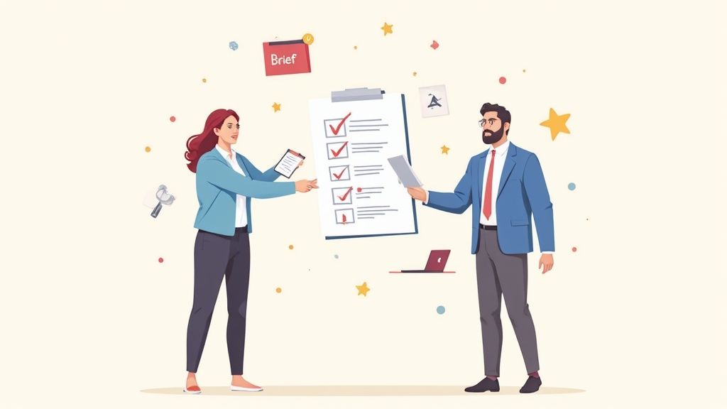 Two business professionals collaborating on a large checklist, symbolizing project completion and task management.