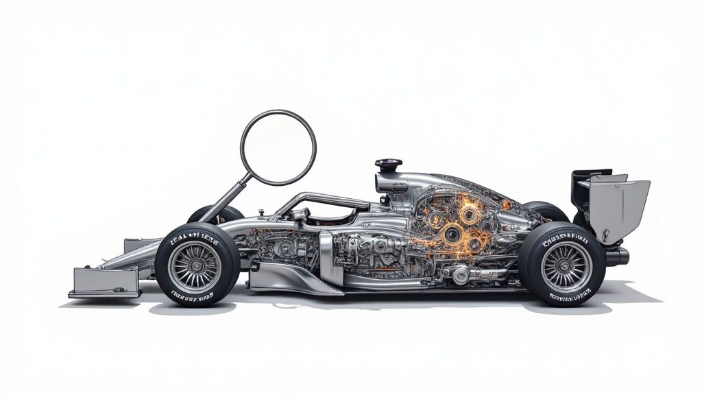 Detailed cutaway view of a metallic racing car, showcasing intricate internal gears, with a magnifying glass upfront.