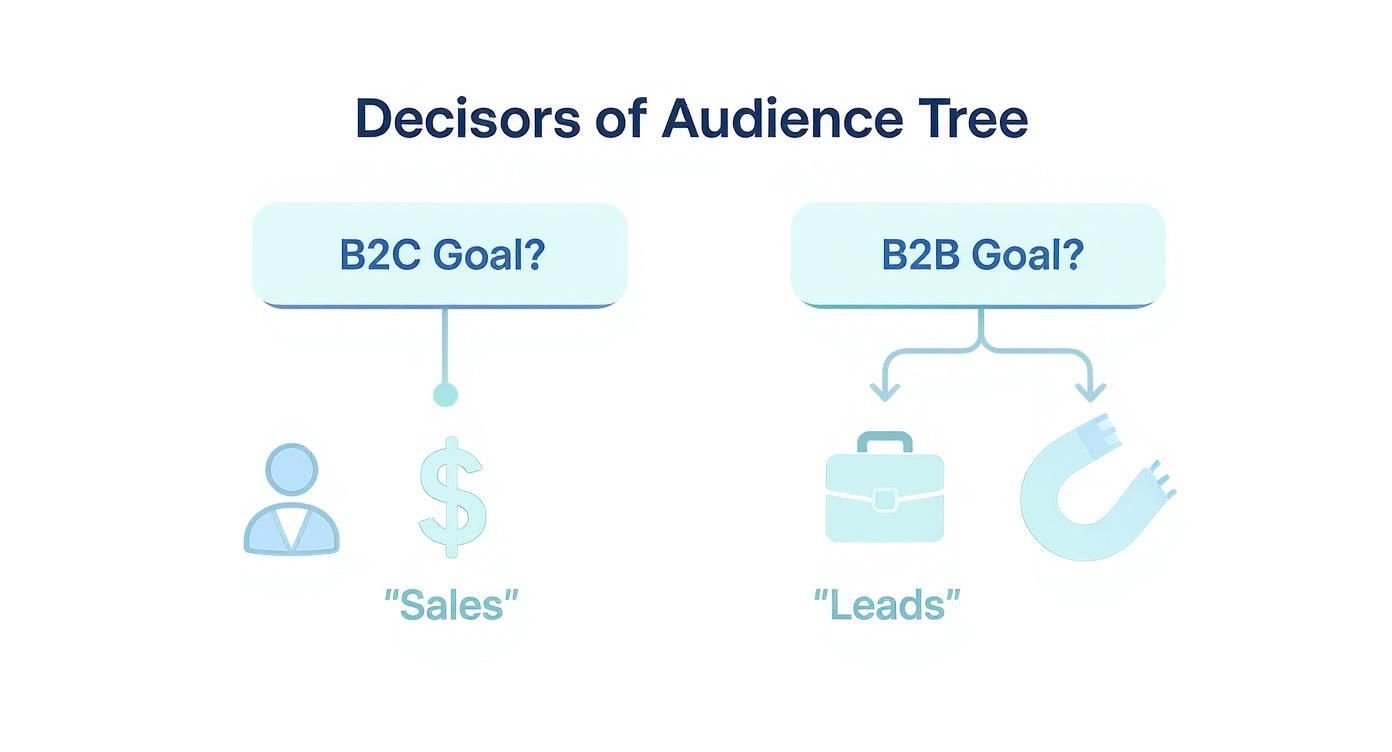 Decision tree illustrating B2C audience goals as sales and B2B goals as leads.