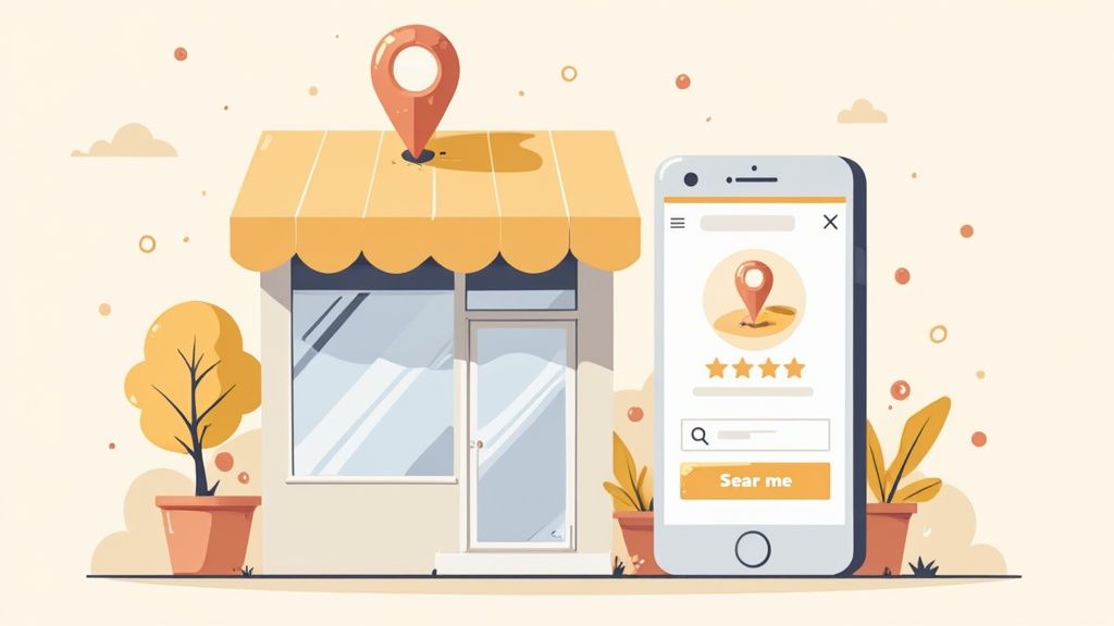 A cartoon storefront with a location pin and a mobile app displaying local business search results.