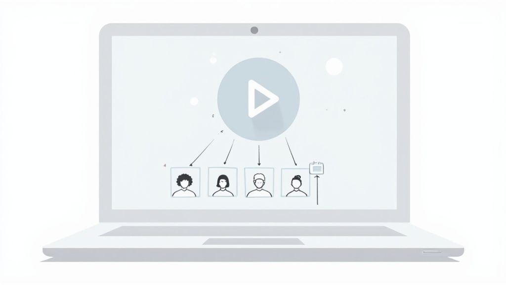 A laptop displays a video play icon connecting to four user profile icons, representing online collaboration or content sharing.