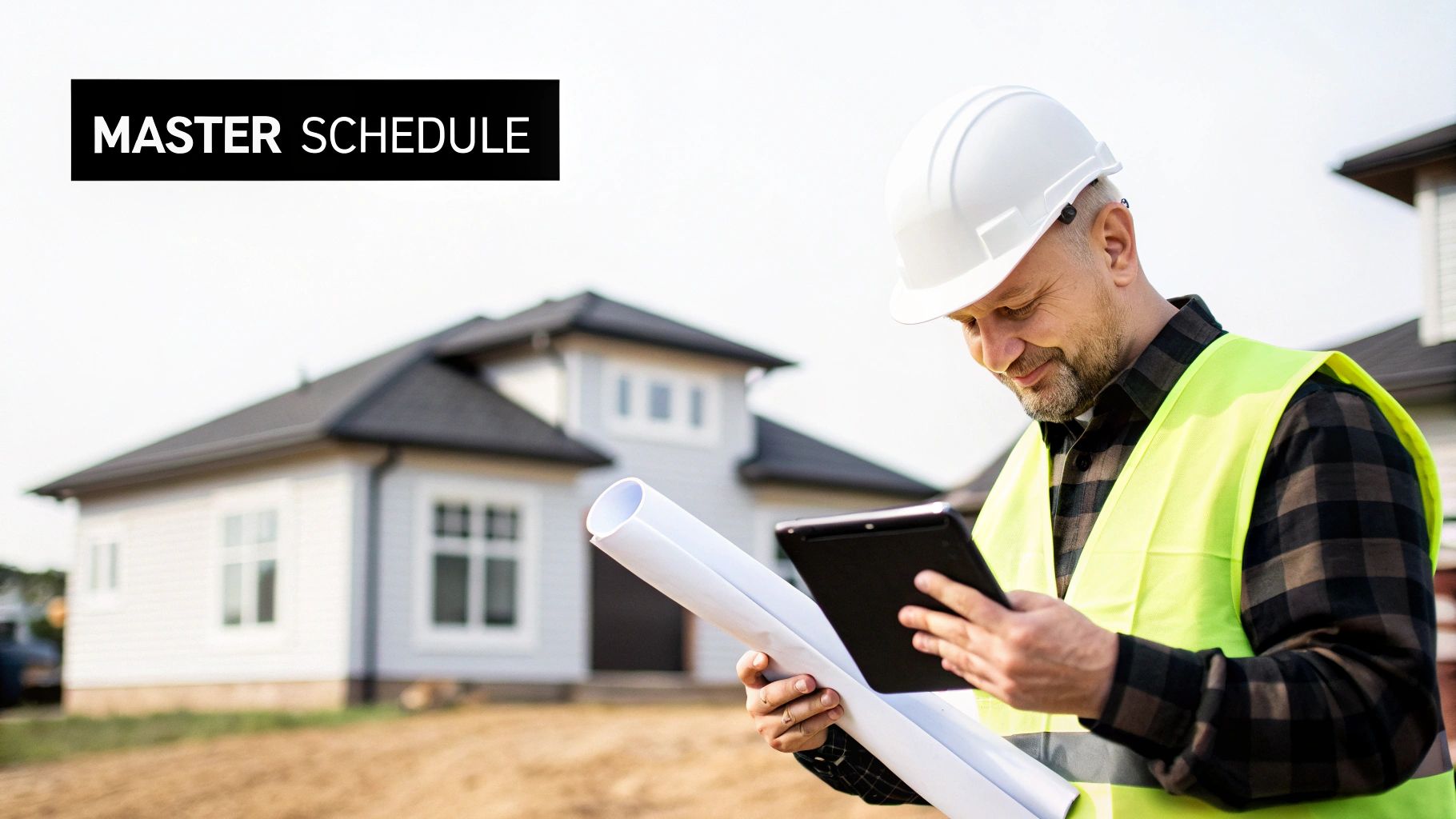 Construction worker reviews a master schedule on a tablet and blueprints at a residential site.