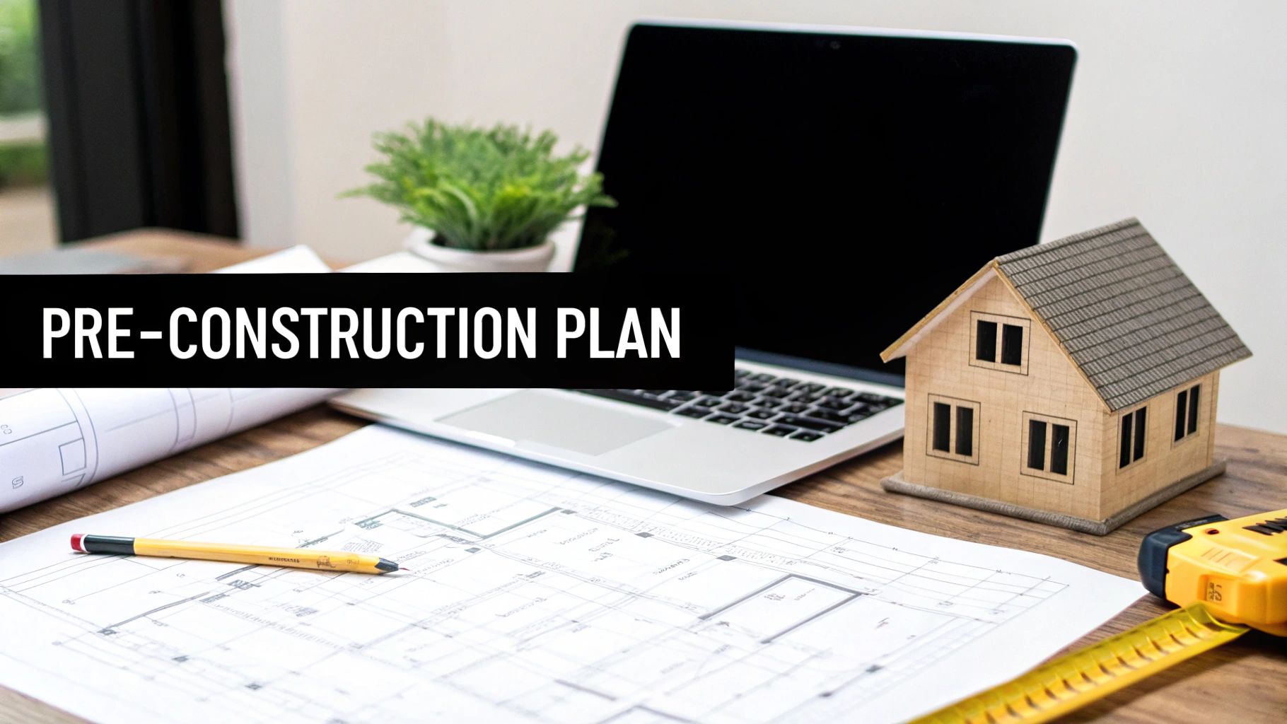 A desk scene featuring a laptop, house model, construction blueprints, and the text 'PRE-CONSTRUCTION PLAN'.