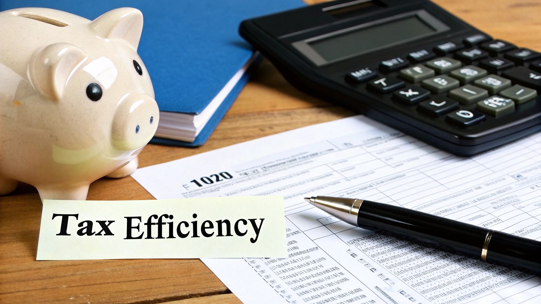 A professional woman in business attire uses a calculator in a bright, modern office.