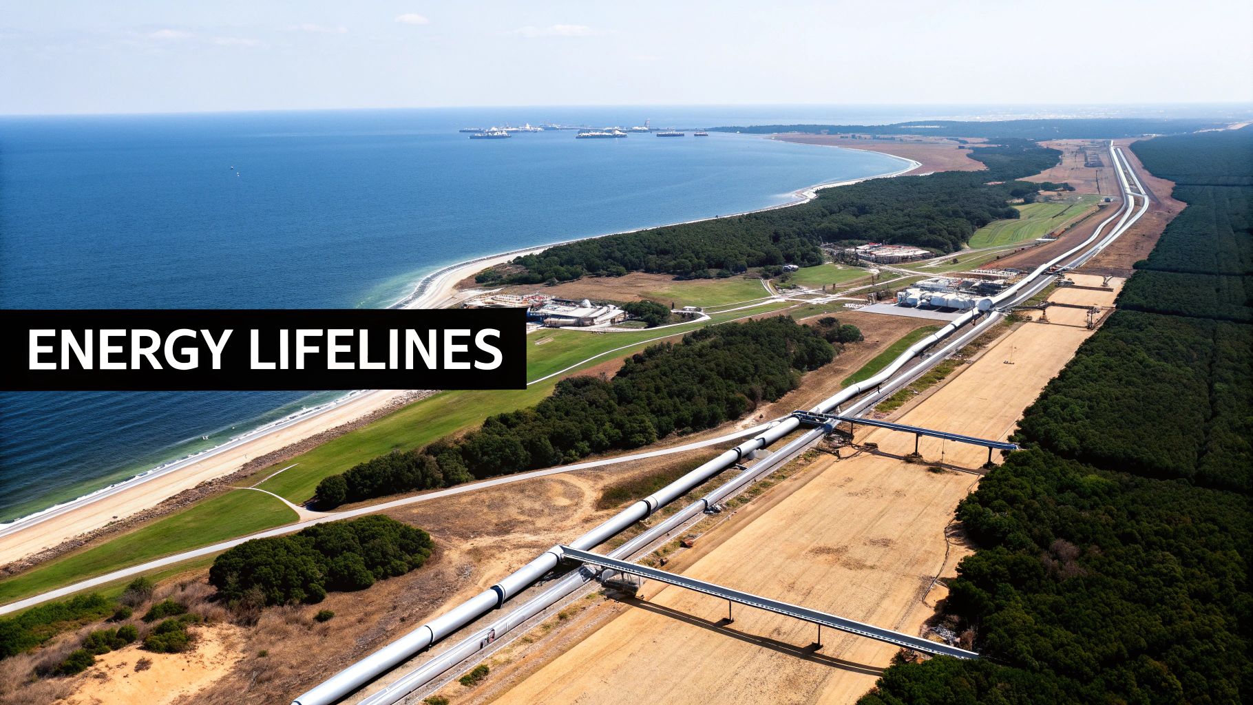 Aerial view of a coastal landscape with long energy pipelines extending inland and ships at sea.