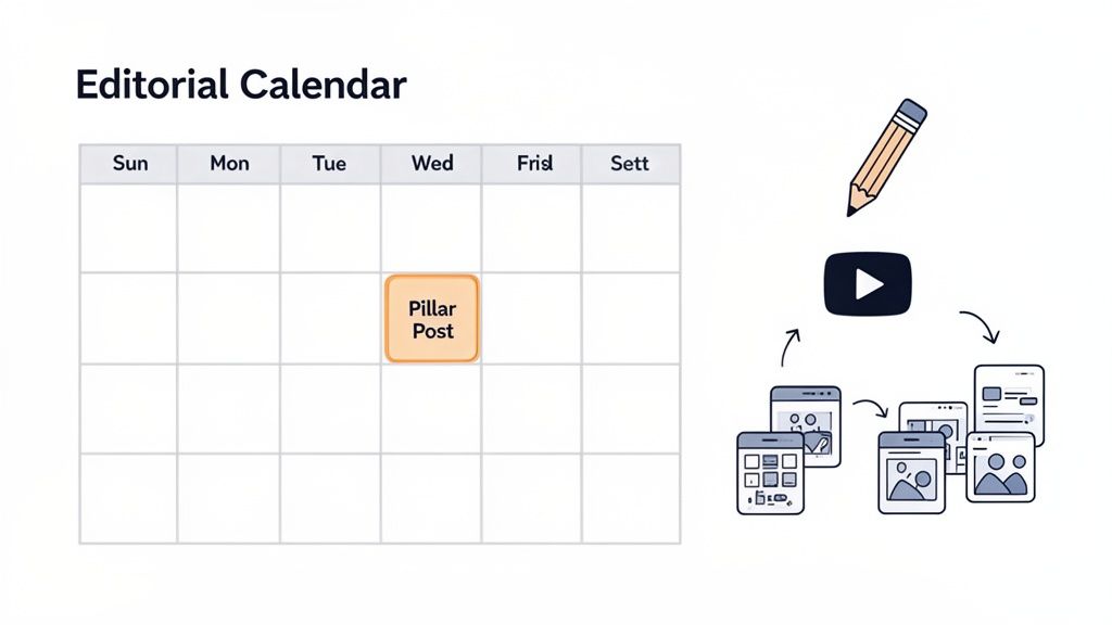 An editorial calendar displaying a pillar post, alongside a content repurposing workflow from video to various digital formats.