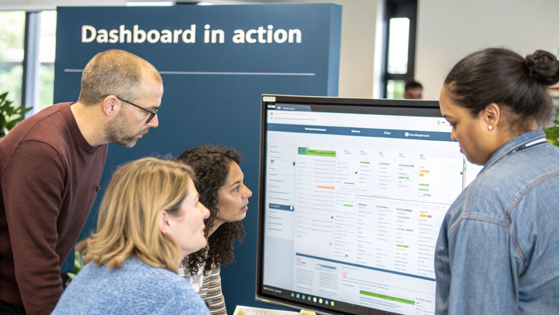 A team collaborating around a computer screen showing a marketing dashboard.