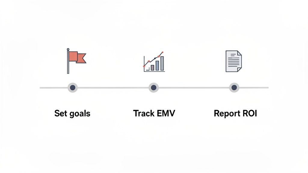 A clear timeline illustrates three marketing steps: set goals with a flag, track EMV with a graph, and report ROI with a document.