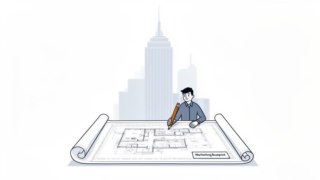 A cartoon man draws on a large 'Marketing Blueprint' plan with city buildings in the background.