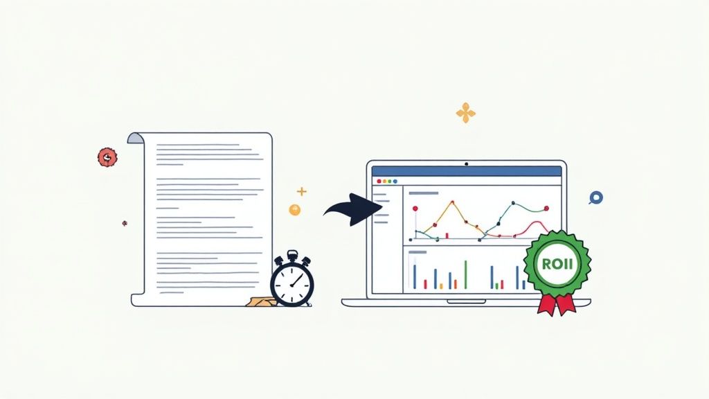 A laptop screen shows the REACH Influencers platform dashboard analyzing campaign data with an ROI badge, showcasing the power of an automated influencer ROI calculator.