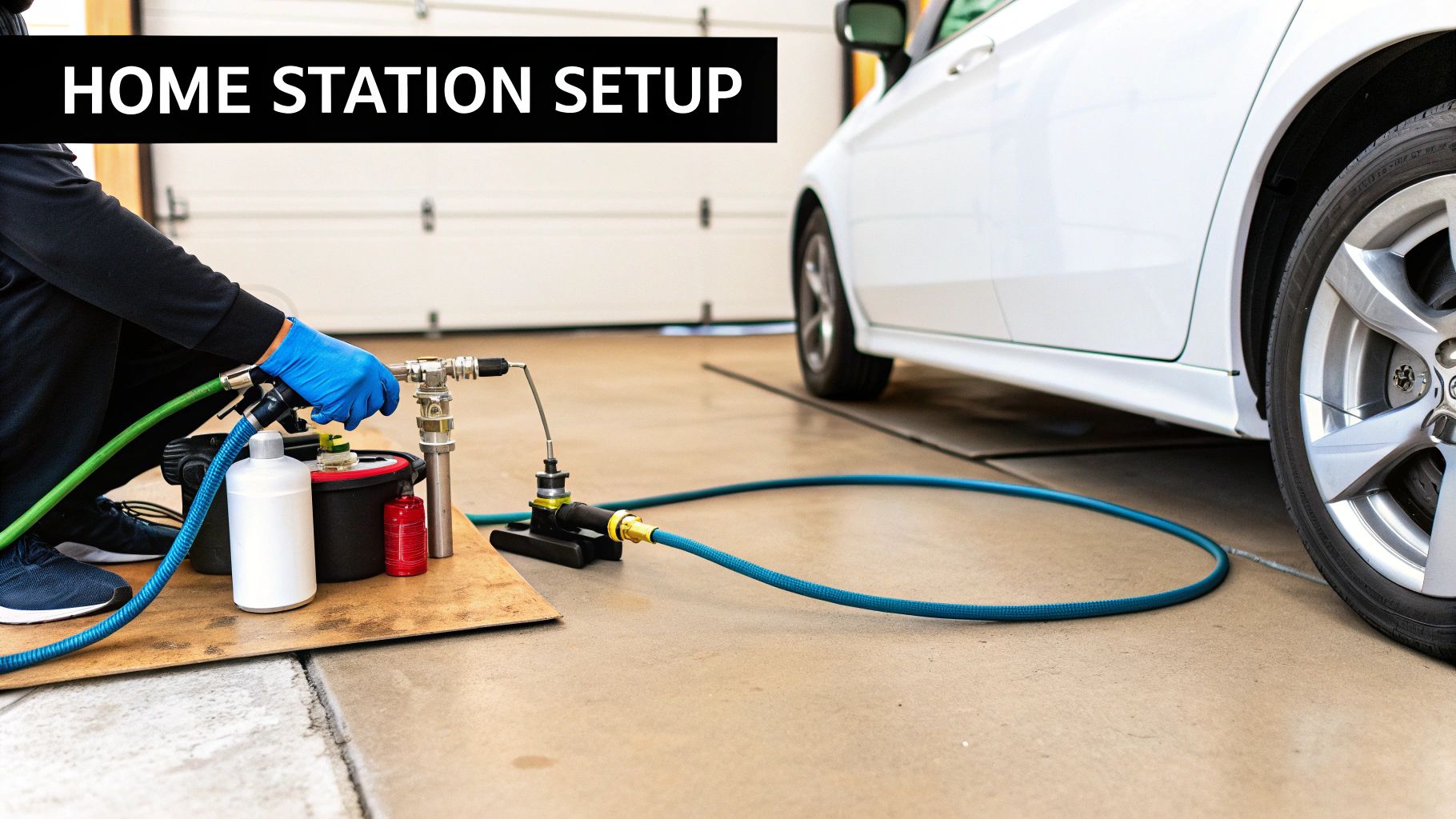 Person in blue gloves setting up a home CNG filling station next to a white car in a garage.