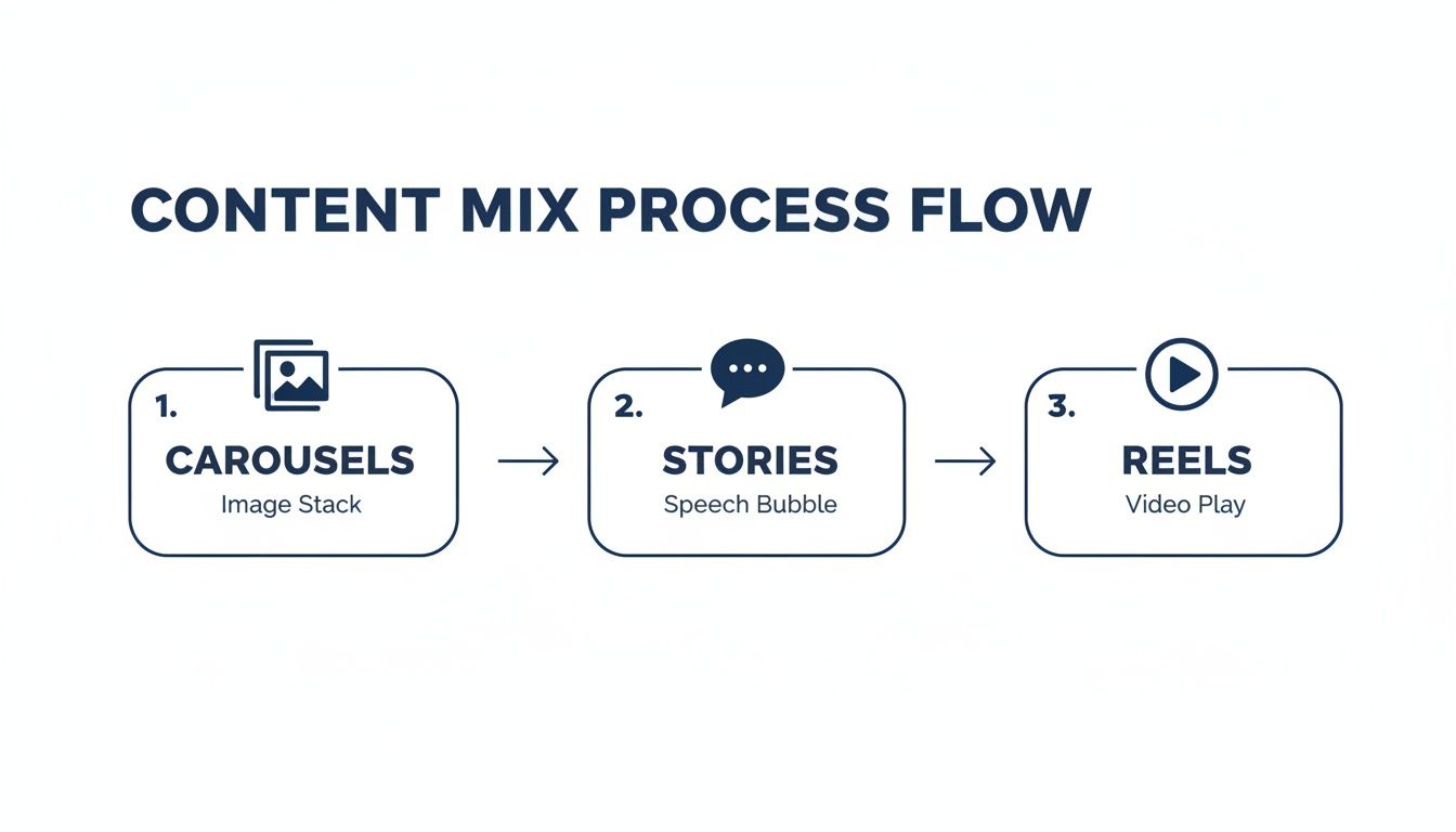 Flowchart illustrating content mix process: Carousels, Stories, and Reels progression.
