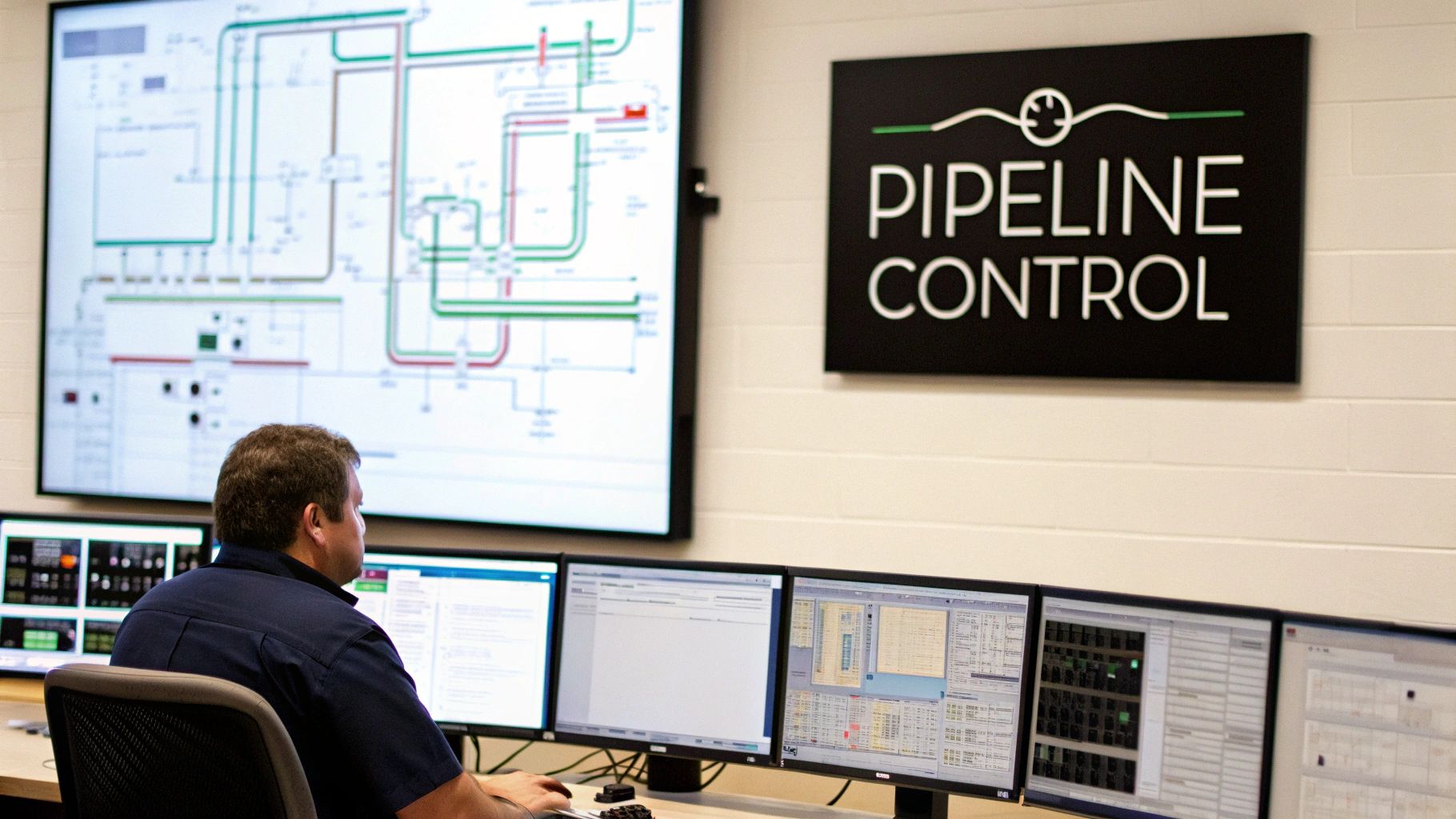 A control room with multiple screens showing data and schematics of a pipeline network