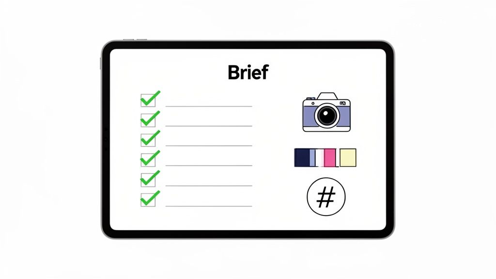 A tablet displays a 'Brief' document with a checklist, camera, color palette, and hashtag icons, representing a creative project.