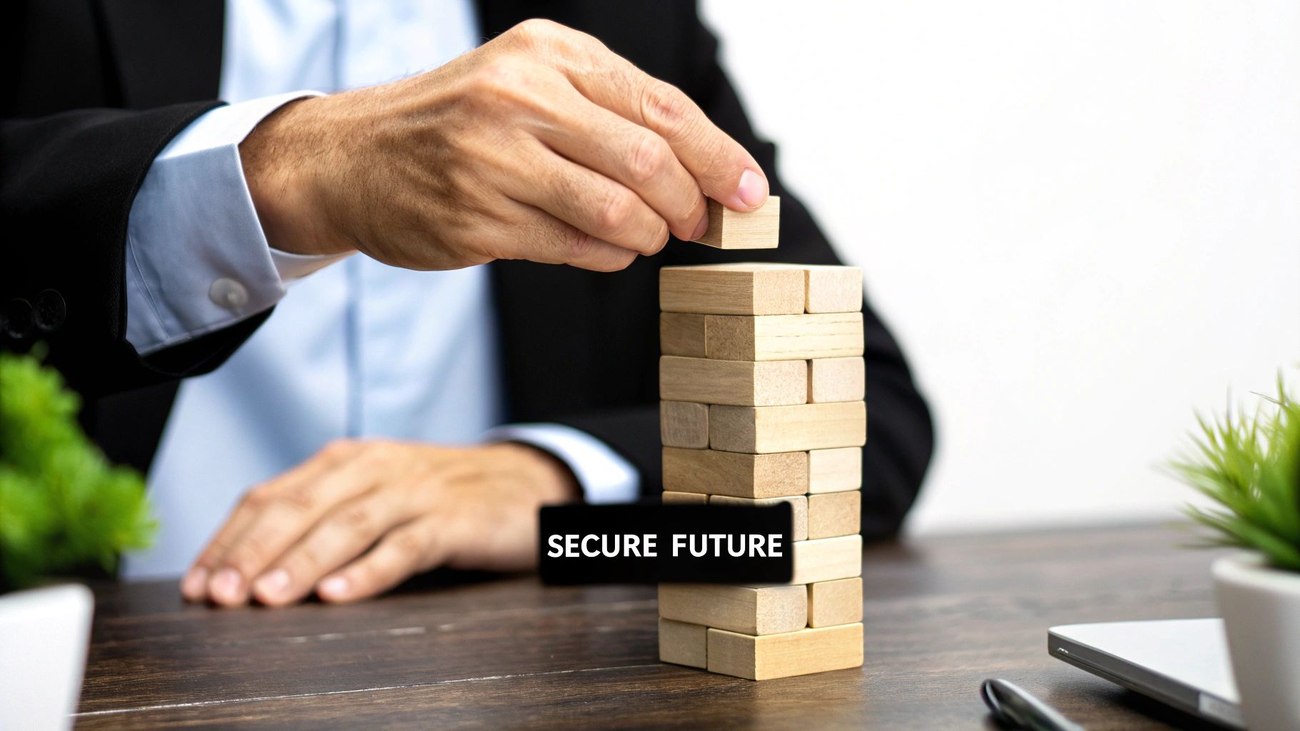 A diverse group of professionals in a modern office, symbolizing long-term stability and teamwork
