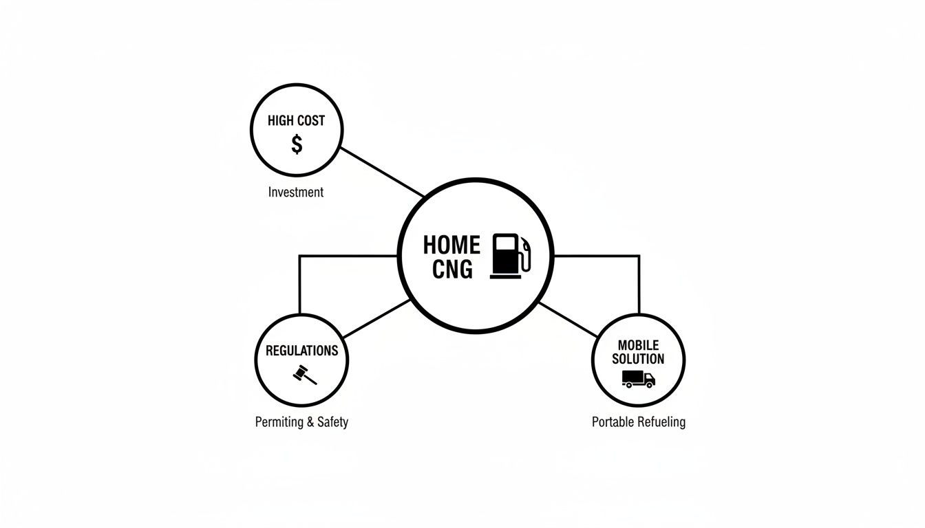 Diagram illustrating Home CNG with three associated factors: high cost, regulations, and mobile solutions.