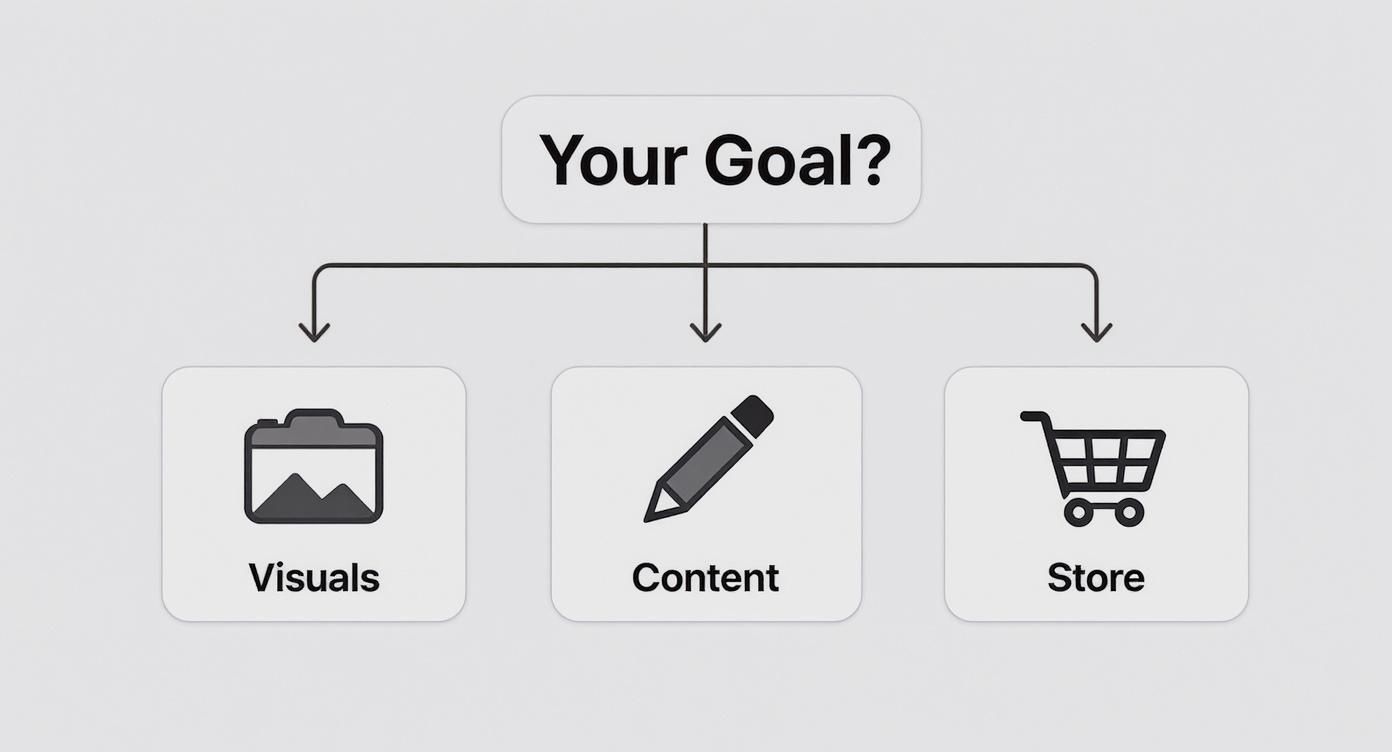 Flowchart showing three main goal categories for influencers: visuals, content creation, and online store. These goals help define the right structure for websites for influencers.