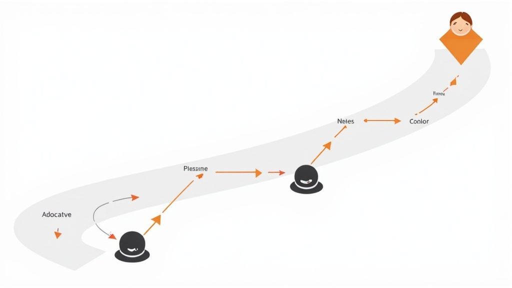 Flowchart illustrating a multi-stage process with characters, arrows, and a smiling human at the end.