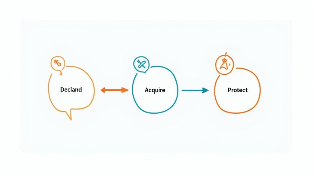 A diagram showing a process with three stages: Decland, Acquire, and Protect, linked by directional arrows.