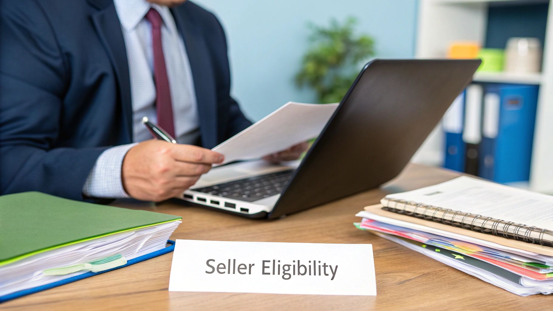 A person sitting at a desk and reviewing documents on a laptop, representing the TikTok Shop seller application process.