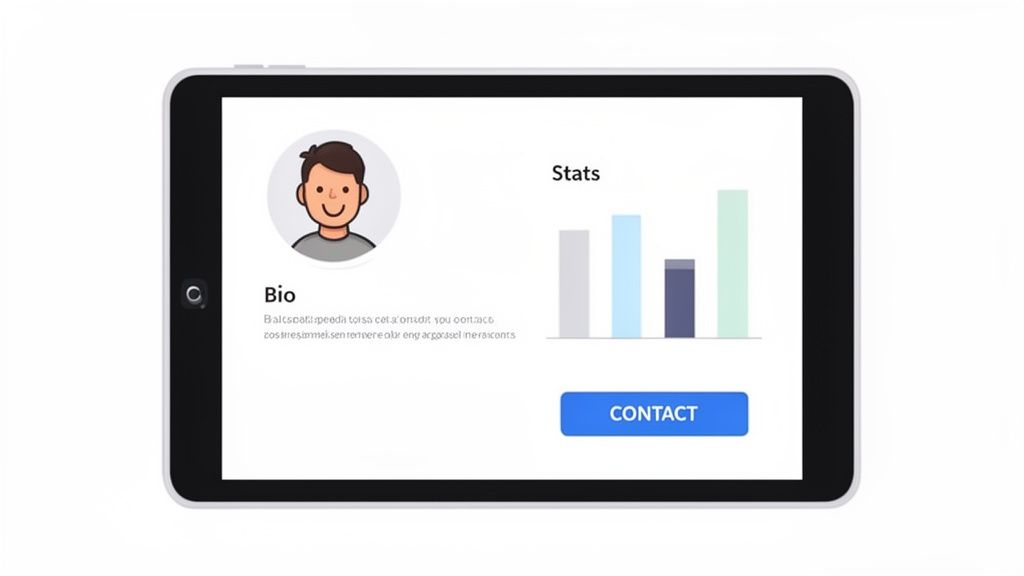 A tablet screen displays a user profile with an avatar, bio, stats bar chart, and contact button.