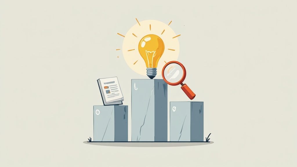 An illuminated lightbulb, magnifying glass, and open book on three ascending pedestals, representing idea generation and research.