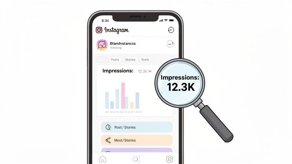 Instagram app displaying analytics for 'Impressions: 12.3K', with a magnifying glass highlighting the data.