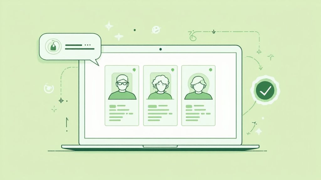 A green-themed illustration of a laptop displaying three user profiles, secure chat, and a successful verification checkmark.