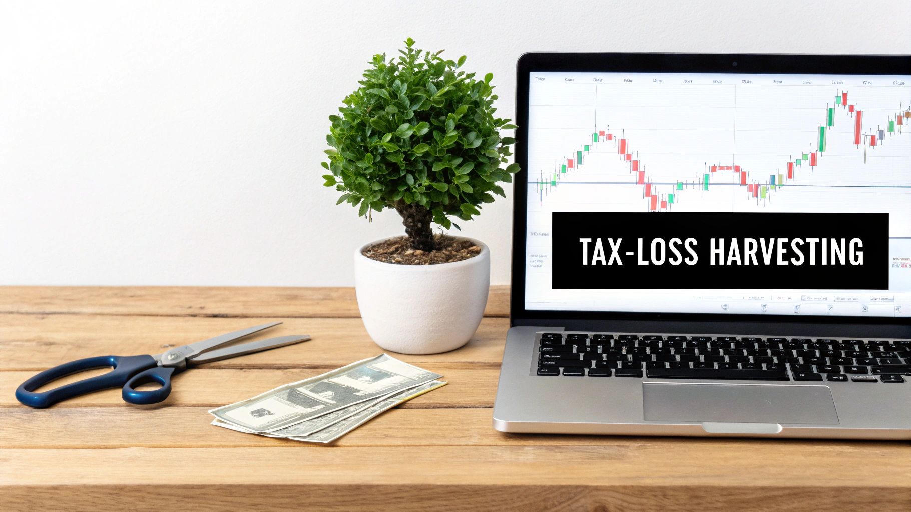 Laptop displaying 'Tax-Loss Harvesting' and stock chart, with money, scissors, and a plant on a desk.