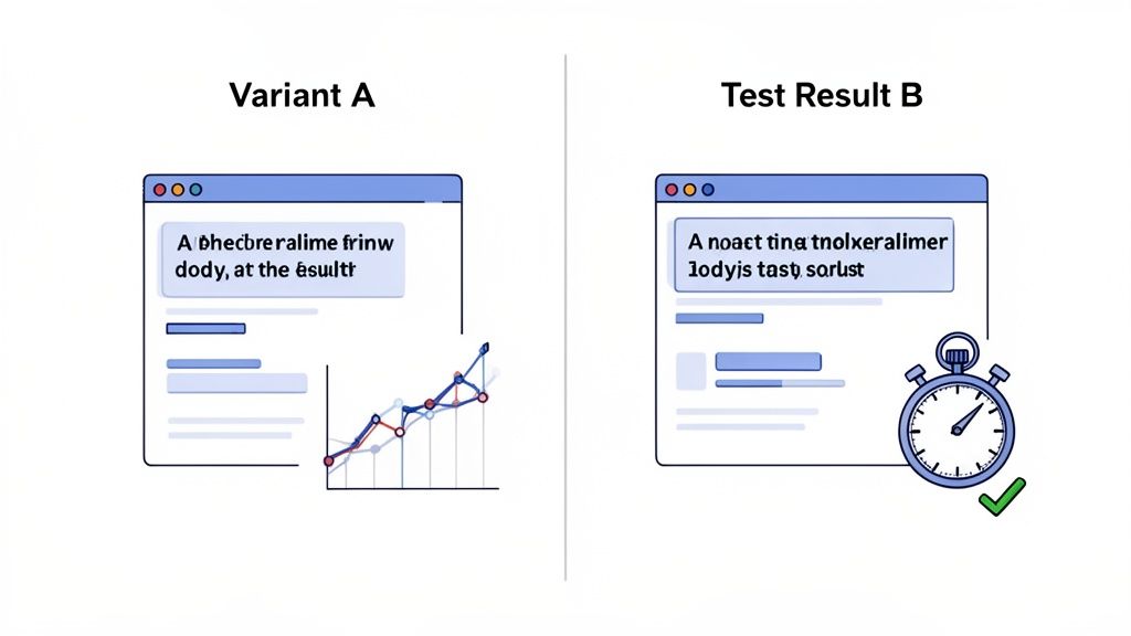 Two website variants, A and B, showing A/B test results: Variant A with a growth graph, Variant B with a stopwatch and checkmark.