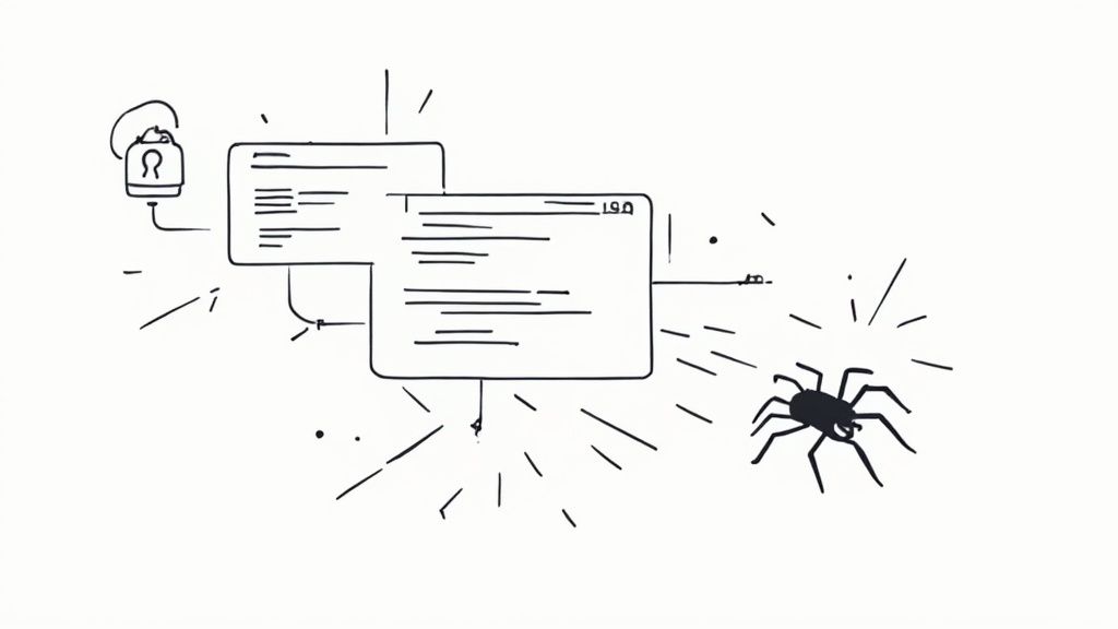 An abstract image representing a technical SEO health check with digital gears and graphs
