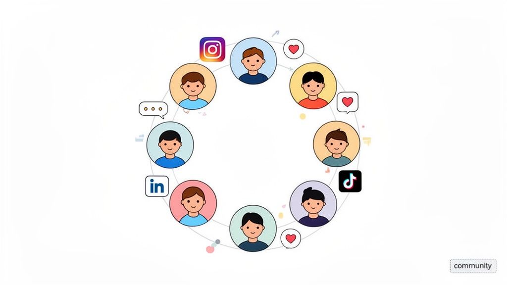 Illustration of a social media community with diverse users and platforms like Instagram, LinkedIn, and TikTok.
