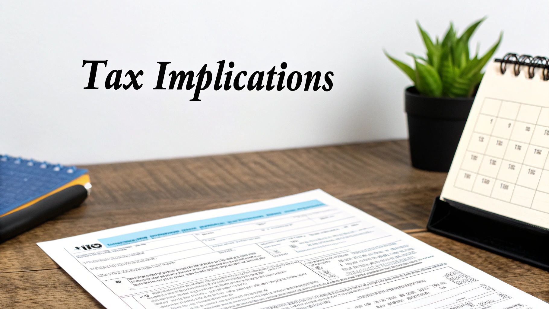 Desk setup with tax forms, a calendar, a plant, and the text 'Tax Implications' on the wall.